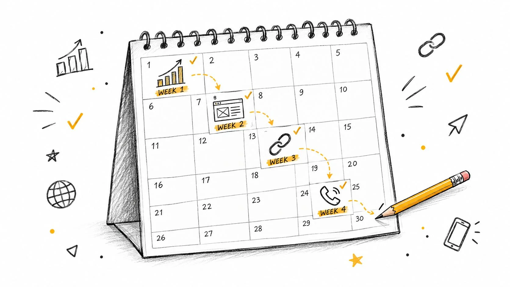A hand-drawn calendar illustration representing a four-week marketing plan with icons for growth, web, links, and calls.