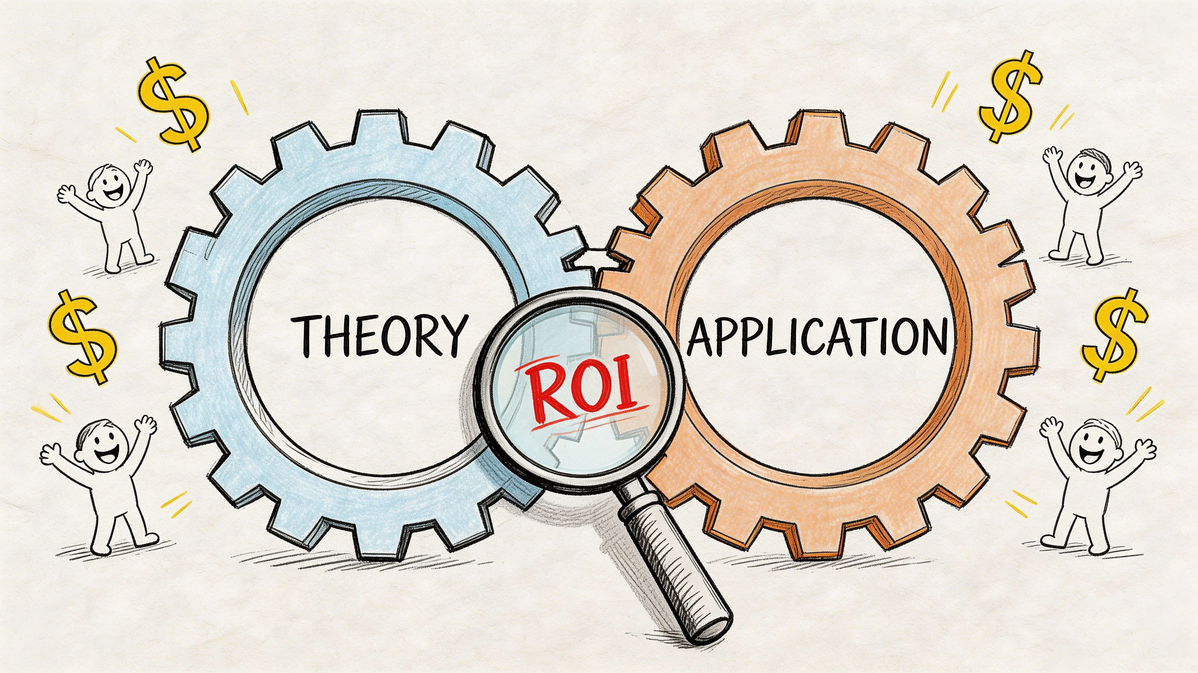 A conceptual illustration showing two gears labeled Theory and Application connected by a magnifying glass highlighting ROI.