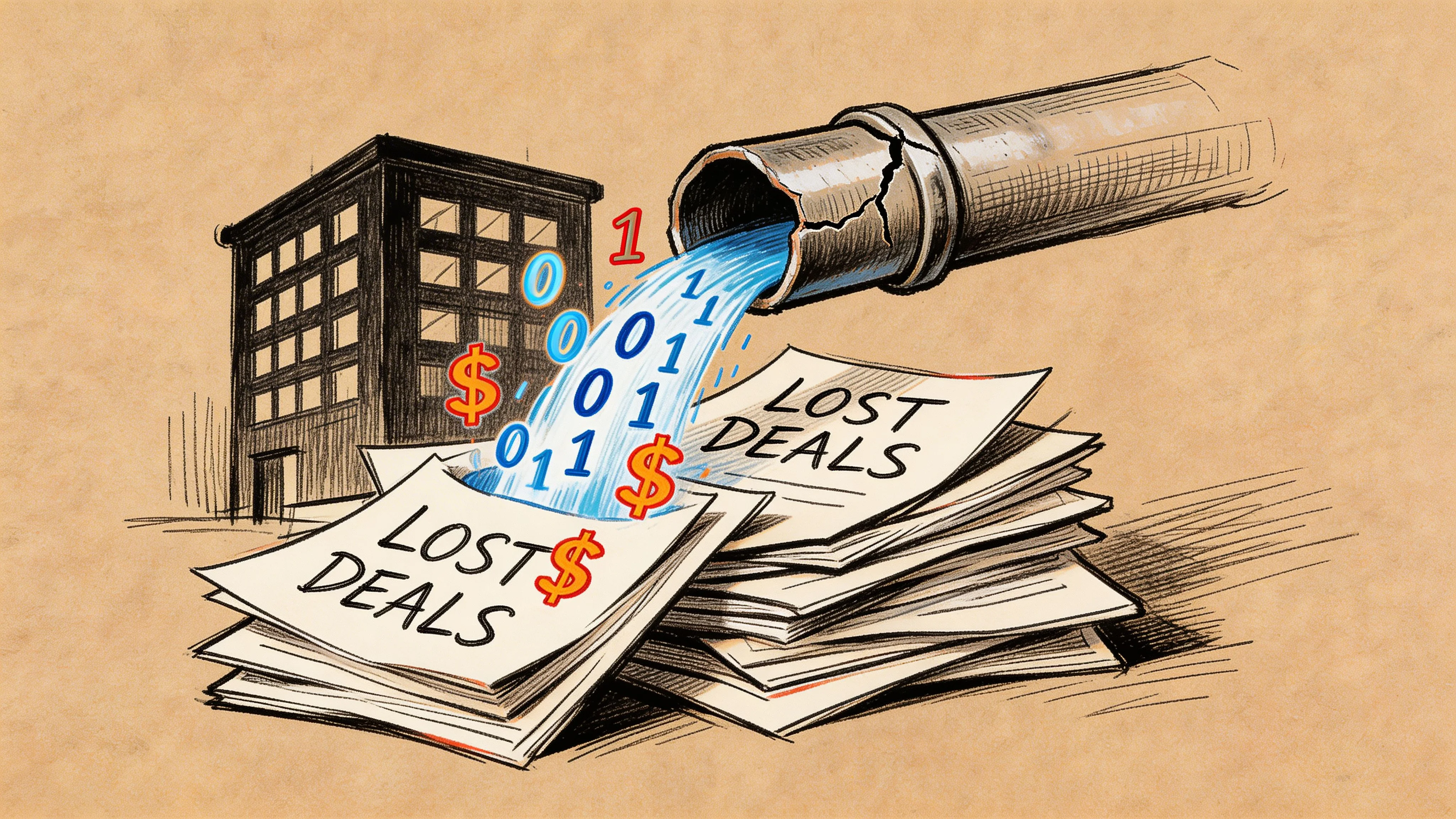 A conceptual illustration showing digital data leaking from a pipe onto a stack of lost deals.