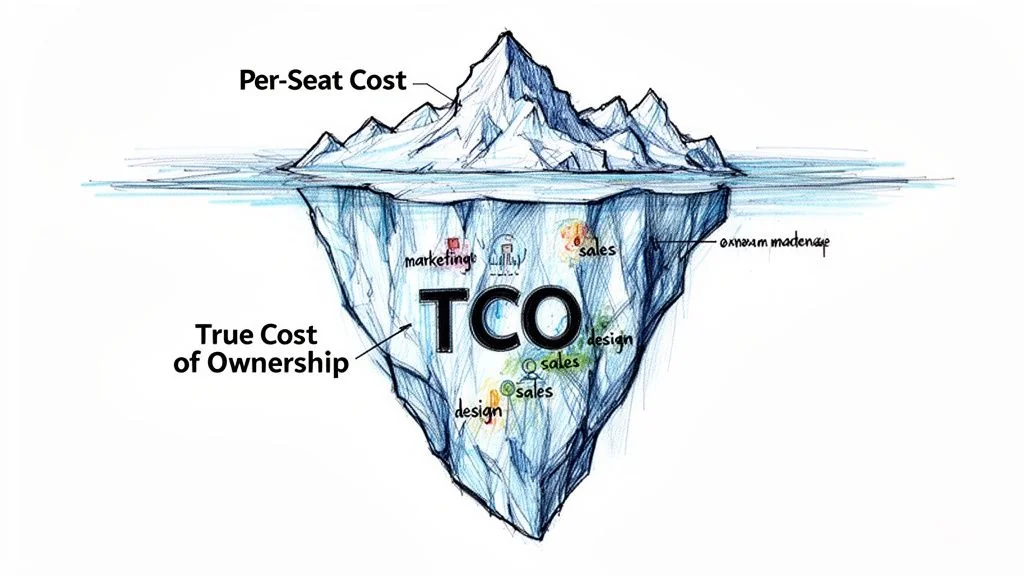 An iceberg illustration representing True Cost of Ownership, with per-seat cost above and hidden costs below.
