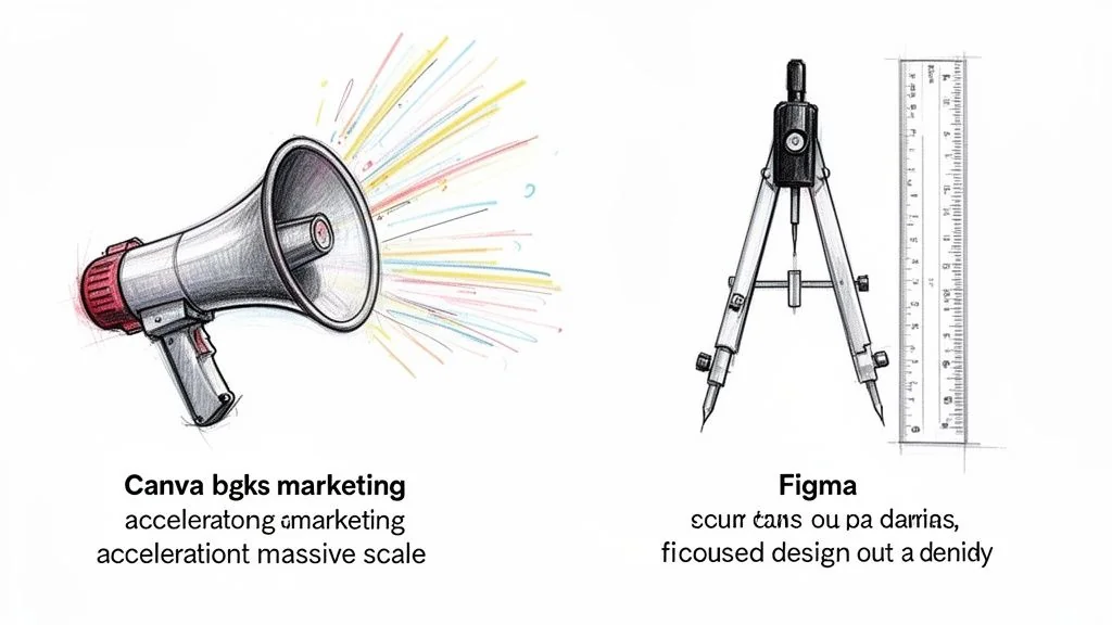 An illustrative comparison between Canva representing marketing acceleration and Figma representing precise, focused design tools.