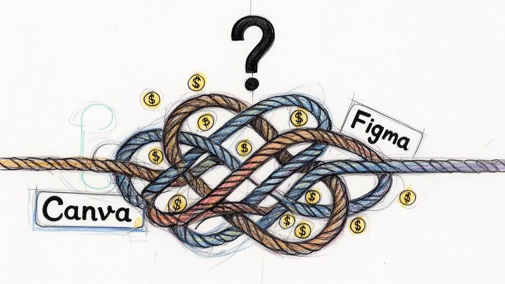 A conceptual sketch illustrating a complex knotted rope between Canva and Figma symbols with currency icons.