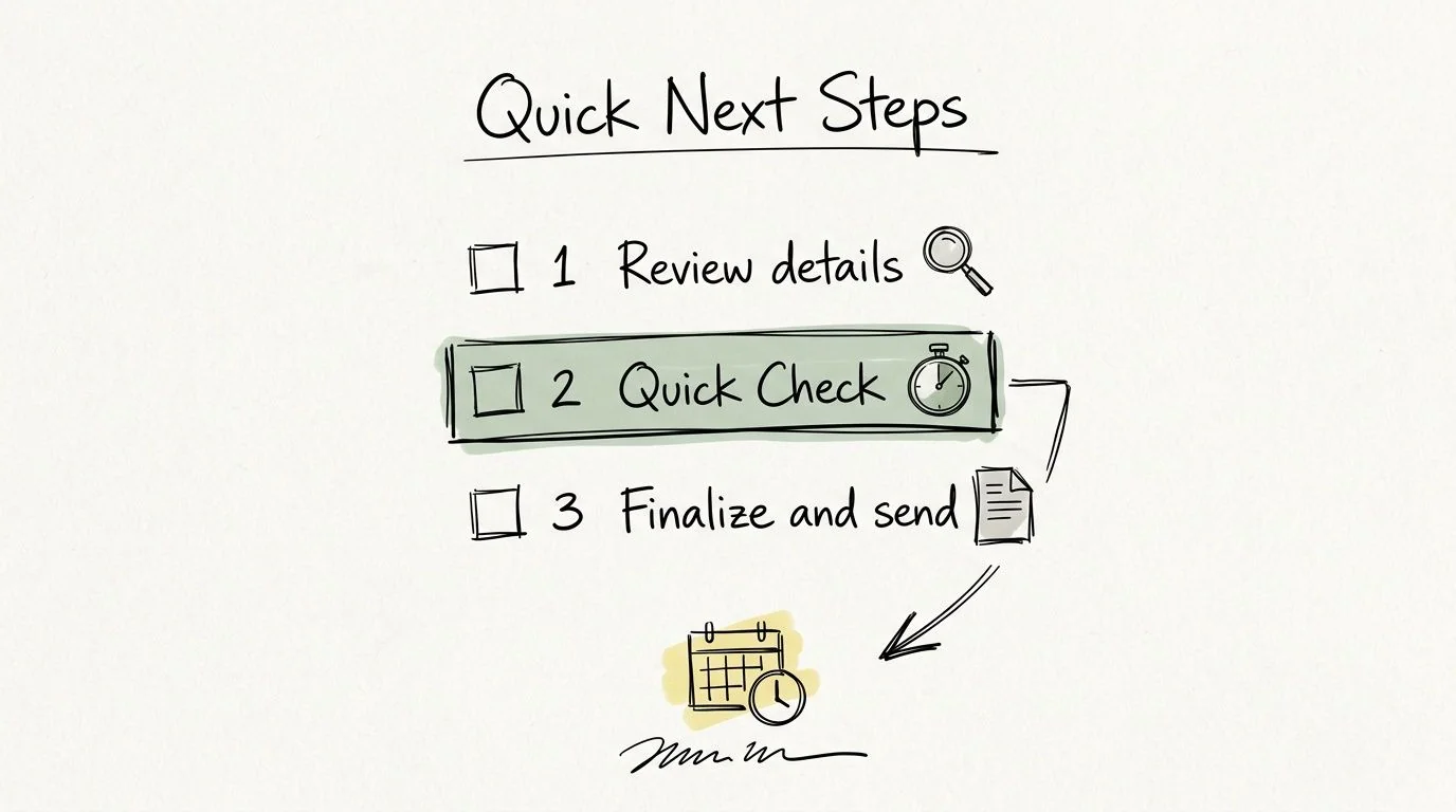 A hand-drawn checklist titled Quick Next Steps with three numbered tasks involving review, checking, and finalizing.