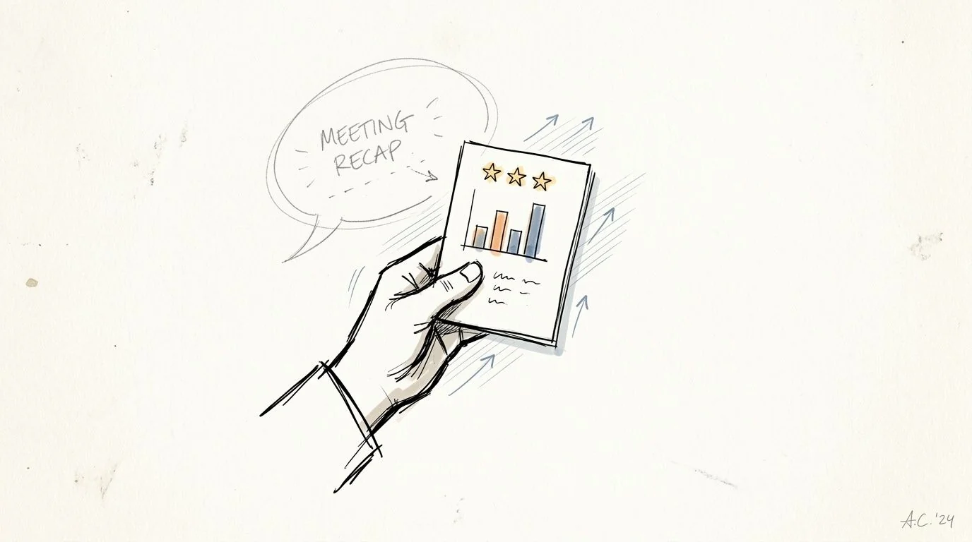 A hand-drawn illustration showing a hand holding a paper with a meeting recap and chart