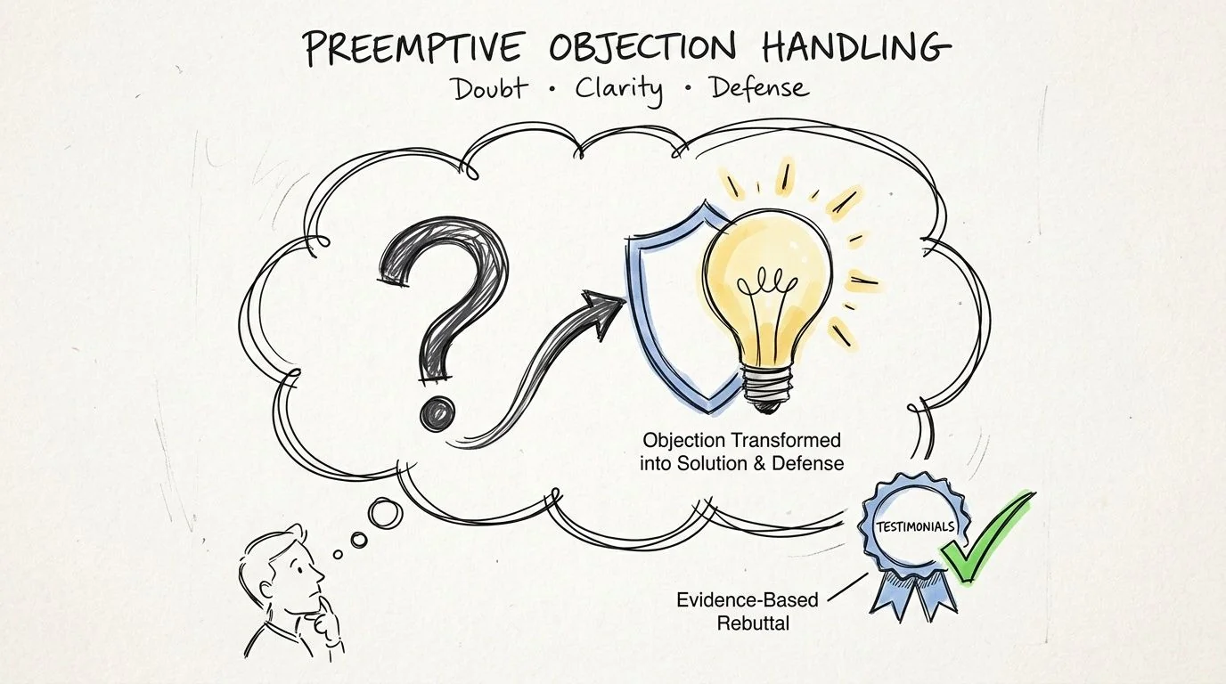 A hand-drawn illustration showing how preemptive objection handling transforms doubt into solutions and defensible evidence-based rebuttals.