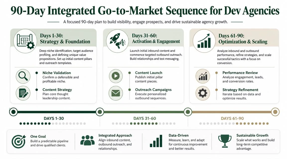 A 90-day integrated go-to-market plan for development agencies featuring strategy, activation, and optimization phases.