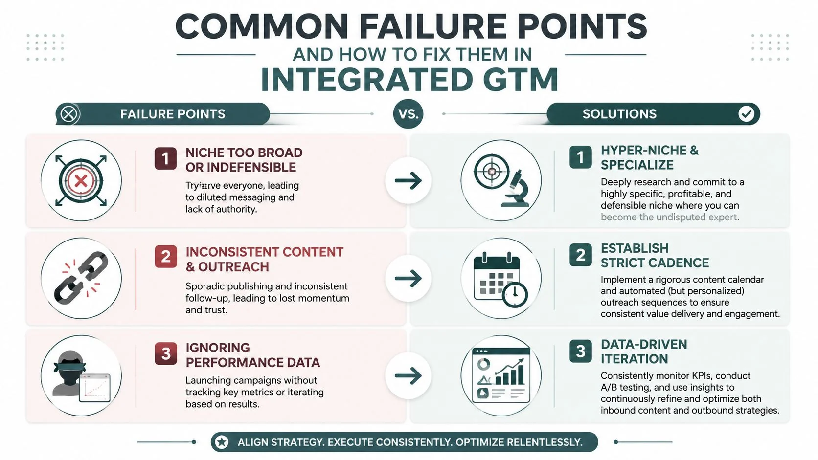 A chart comparing common failure points in integrated go-to-market strategies with their respective effective solutions.