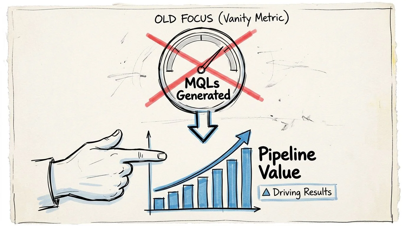 A conceptual drawing illustrating a shift from vanity metrics like MQLs to focusing on pipeline value.