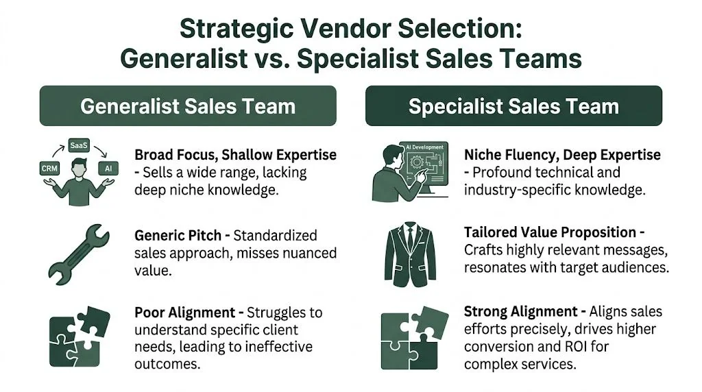 A comparison chart outlining the strategic differences between generalist and specialist sales teams for vendor selection.