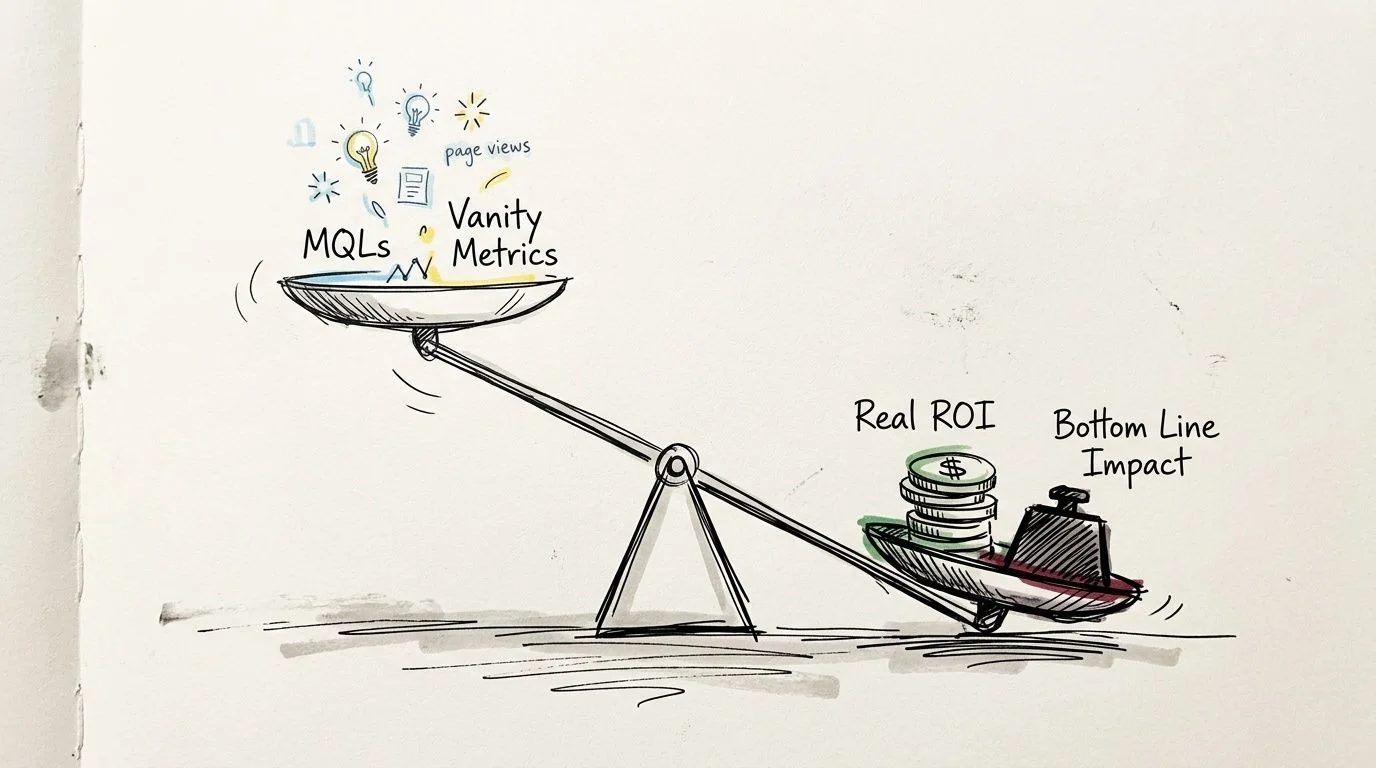 A hand-drawn illustration depicting a balance scale weighing vanity metrics against real return on investment.