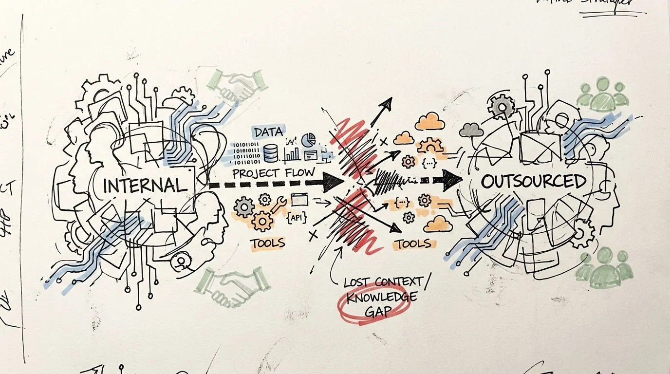 A conceptual sketch illustrating the project flow from internal teams to an outsourced team, highlighting a significant knowledge gap.