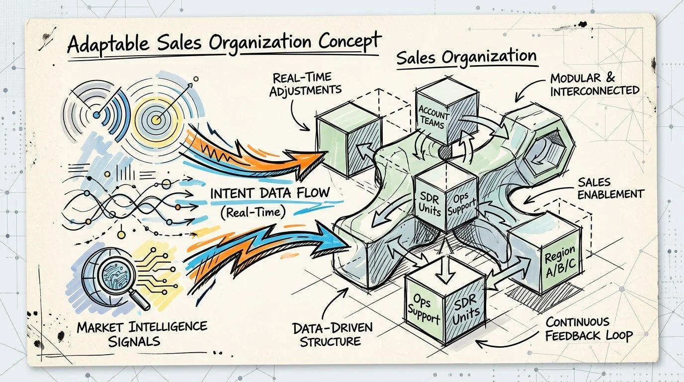 A hand-drawn illustration depicting an adaptable sales organization structure powered by real-time intent data and market intelligence.