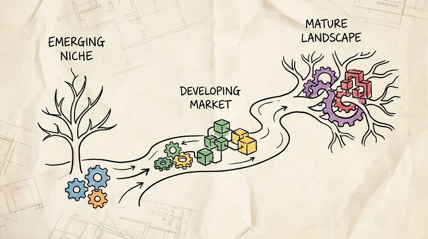 A hand-drawn illustration showing the progression from an emerging niche to a mature market landscape.