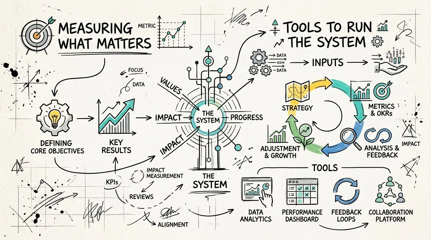 A hand-drawn diagram illustrating a business system for measuring objectives, key results, and strategic growth.