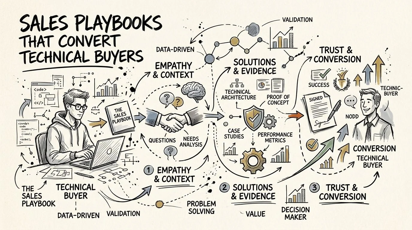 A visual flowchart illustrating a sales playbook strategy for converting technical buyers through empathy, evidence, and trust.