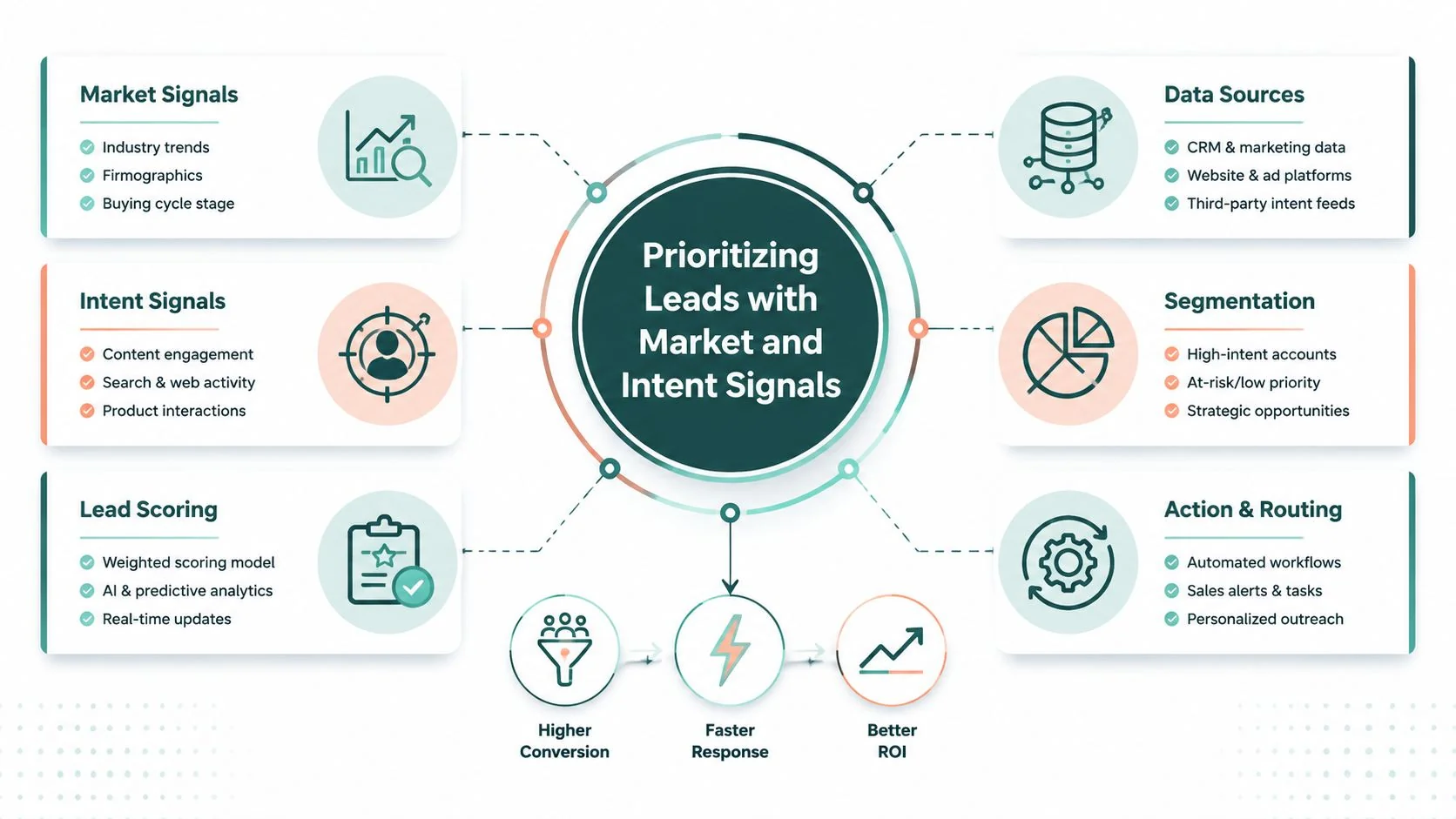A diagram illustrating a strategic process for prioritizing sales leads using market and intent data analytics.
