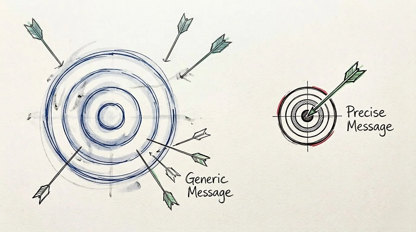 A hand-drawn illustration showing arrows missing a target versus a single arrow hitting a bullseye.