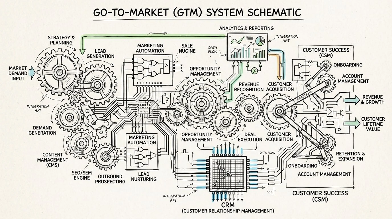 A detailed technical schematic diagram illustrating the interconnected systems of a business go-to-market and customer management process.