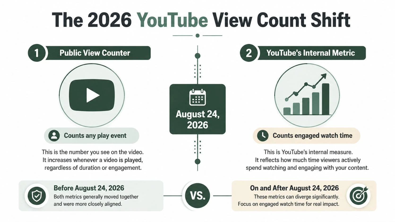An infographic detailing the YouTube view count shift occurring on August 24, 2026, comparing public and internal metrics.