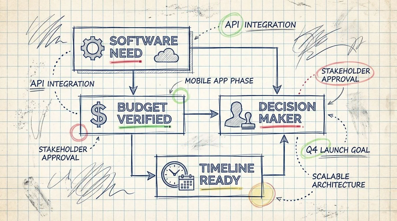 A hand-drawn flowchart on grid paper illustrating steps in the business lead qualification process.
