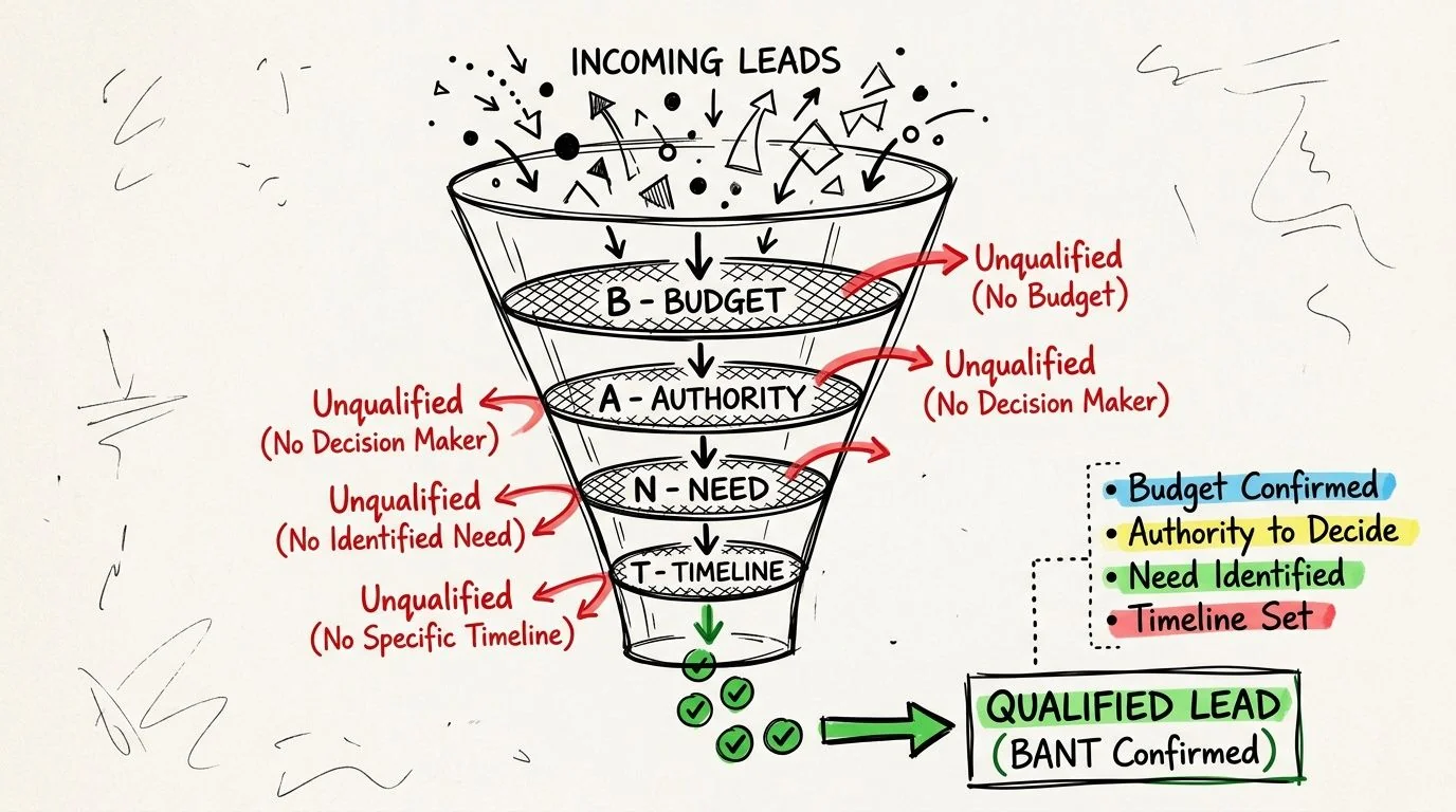 A funnel diagram illustrating the BANT lead qualification process for sales teams to identify qualified leads.