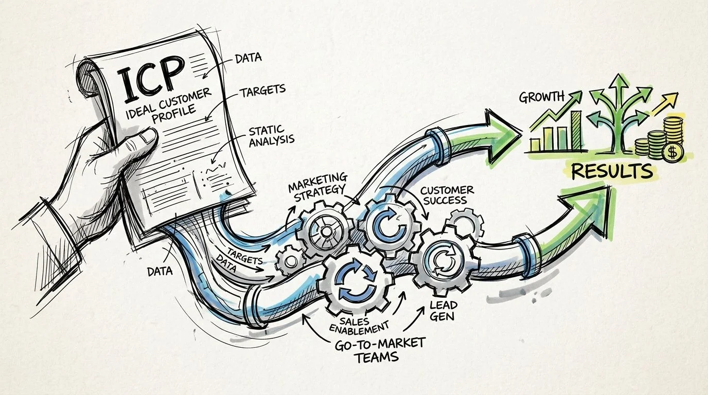 A hand-drawn illustration showing an Ideal Customer Profile flowing into business processes to achieve growth results.