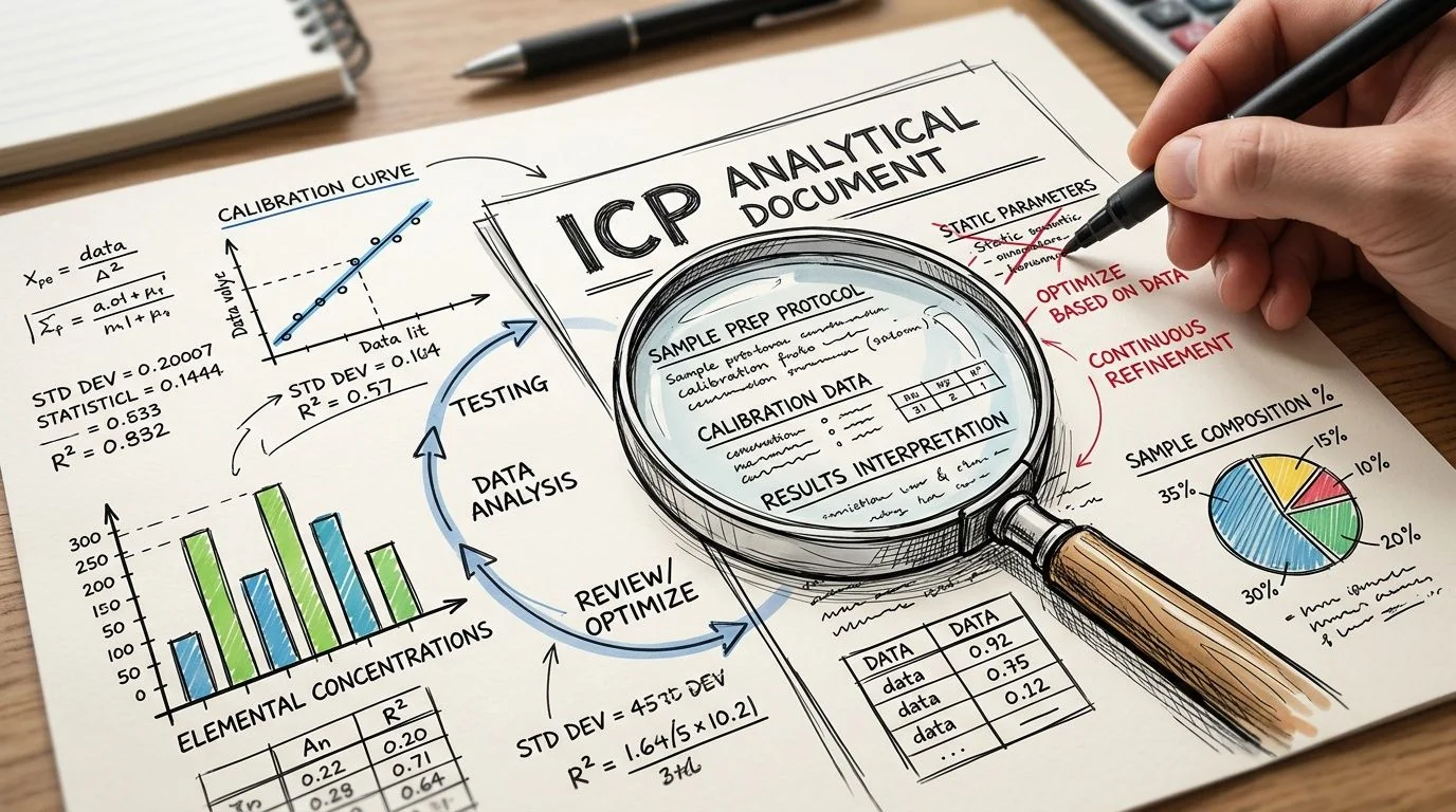 A hand using a magnifying glass to review an ICP analytical document with charts and data analysis.