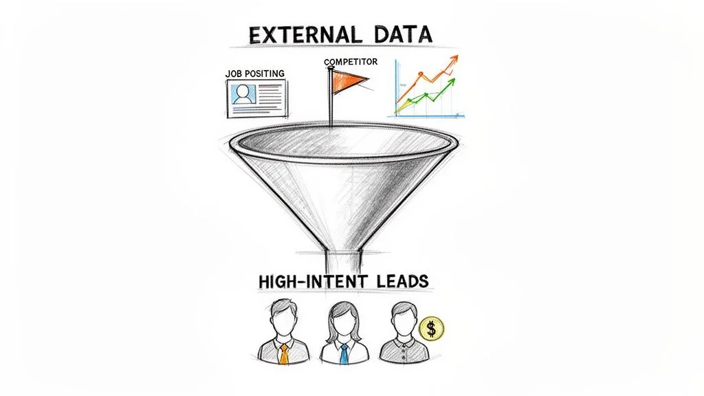 A funnel illustration showing external data (job postings, competitor trends) transforming into high-intent leads.