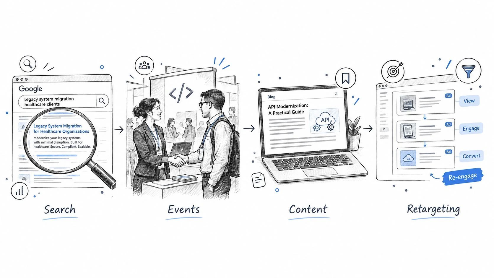 A hand-drawn illustration depicting a full-funnel marketing strategy using search, events, content, and retargeting phases.