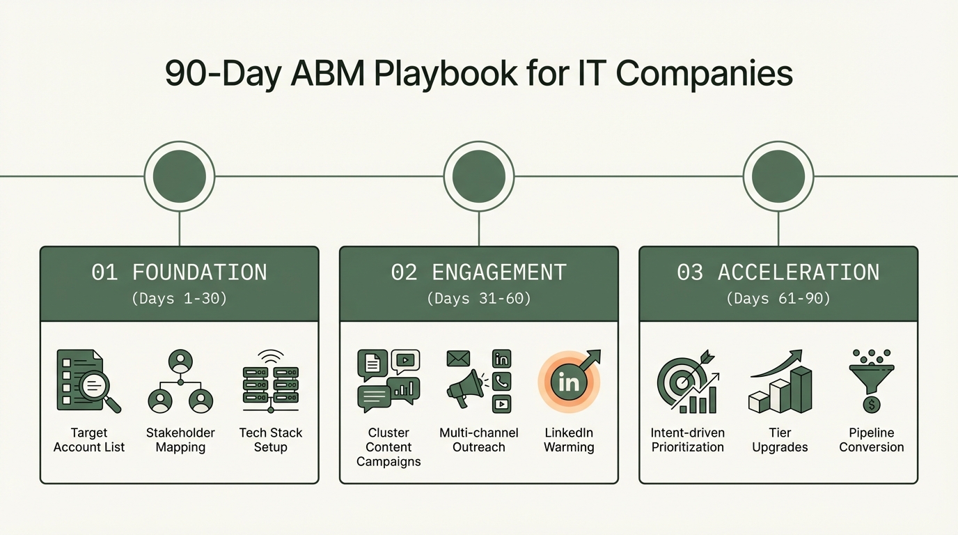 90-day ABM playbook timeline — Phase 1 Foundation (Days 1-30), Phase 2 Engagement (Days 31-60), Phase 3 Acceleration (Days 61-90)
