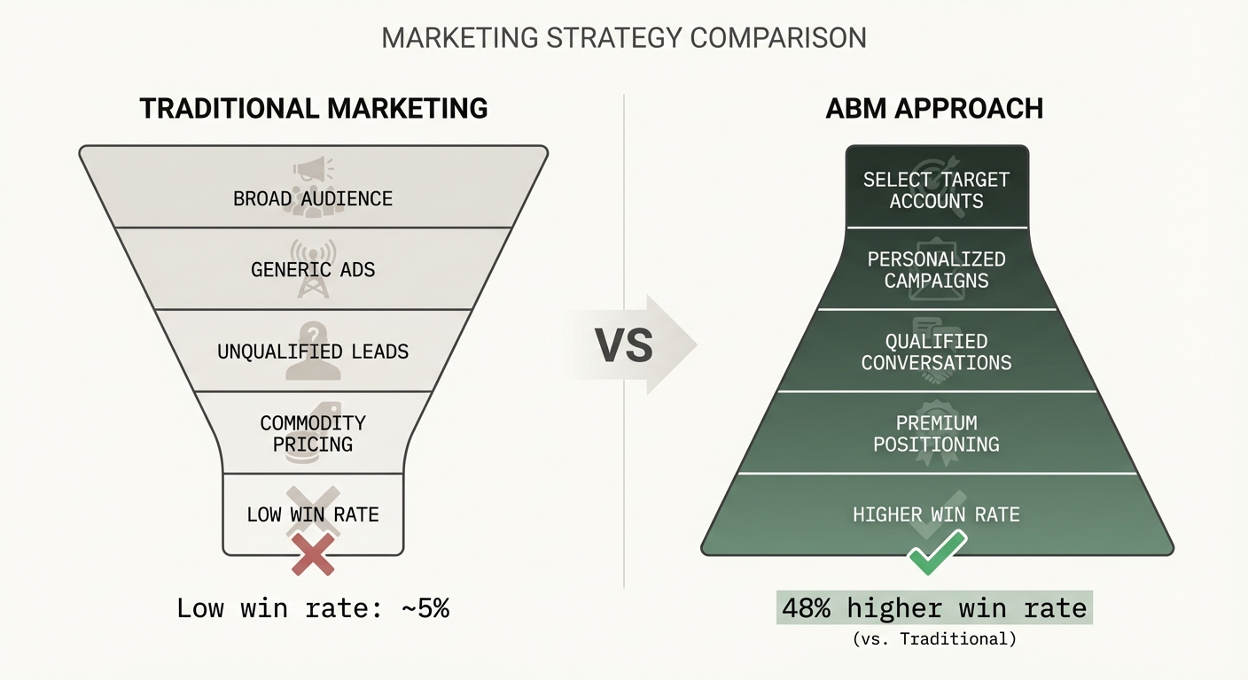 Traditional marketing vs ABM approach — traditional funnels cast a wide net with low win rates, while ABM selects target accounts first for 48% higher win rates